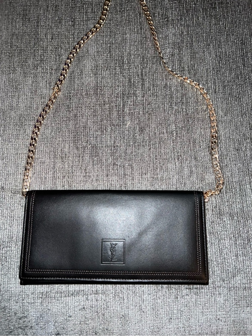 Yves Saint Laurent Black Leather Chain Shoulder Wallet with Gold Chain